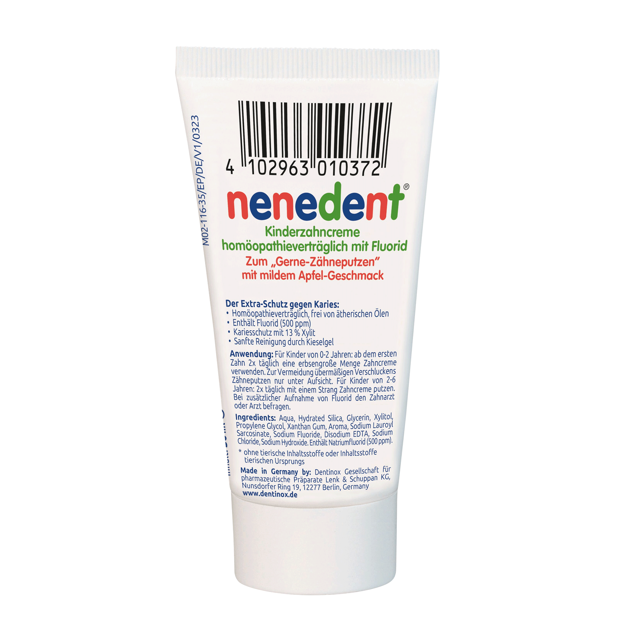 Rückseite der Tube von nenedent® Kinderzahncreme homöopathieverträglich mit Fluorid - 50ml