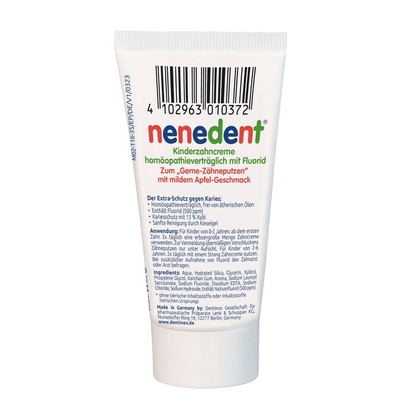 Rückseite der Tube von nenedent® Kinderzahncreme homöopathieverträglich mit Fluorid - 50ml