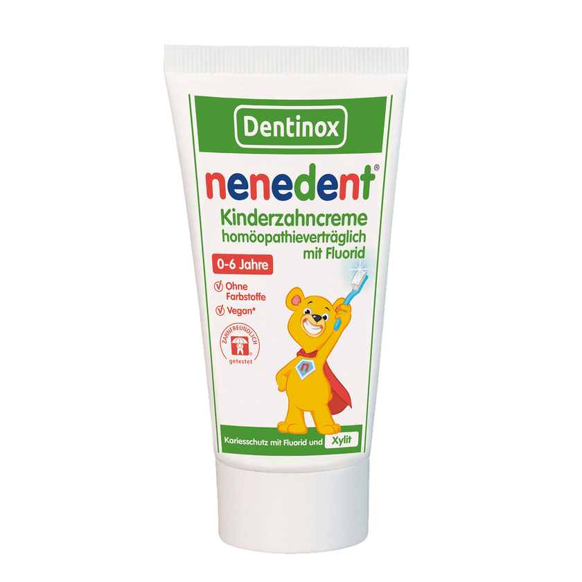 Vorderseite der Tube von nenedent® Kinderzahncreme homöopathieverträglich mit Fluorid - 50ml