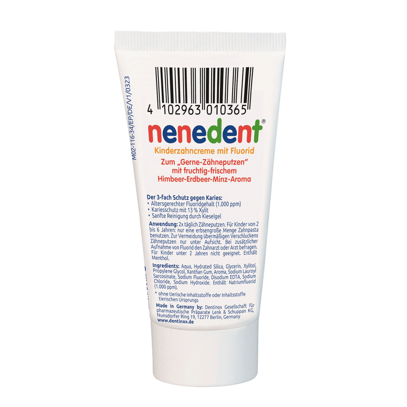 Rückseite der Tube von nenedent Kinderzahncreme - 50ml