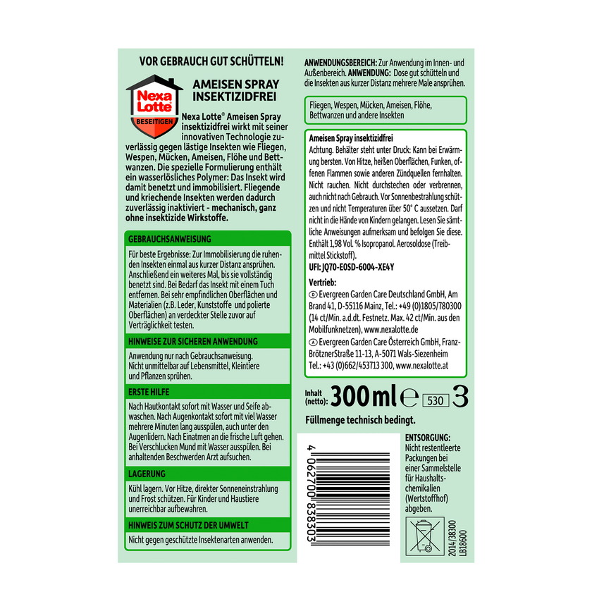 Rückseite von Nexa Lotte Ameisen Spray insektizidfrei