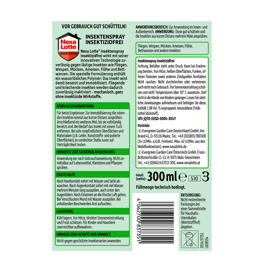 Rückseite von Nexa Lotte Insektenspray insektizidfrei