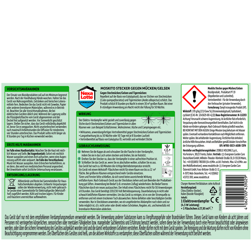 Etikett mit Beschreibung und Anwendungshinweisen, Rückseite von Nexa Lotte Moskito-Stecker Starter - 1 Stück