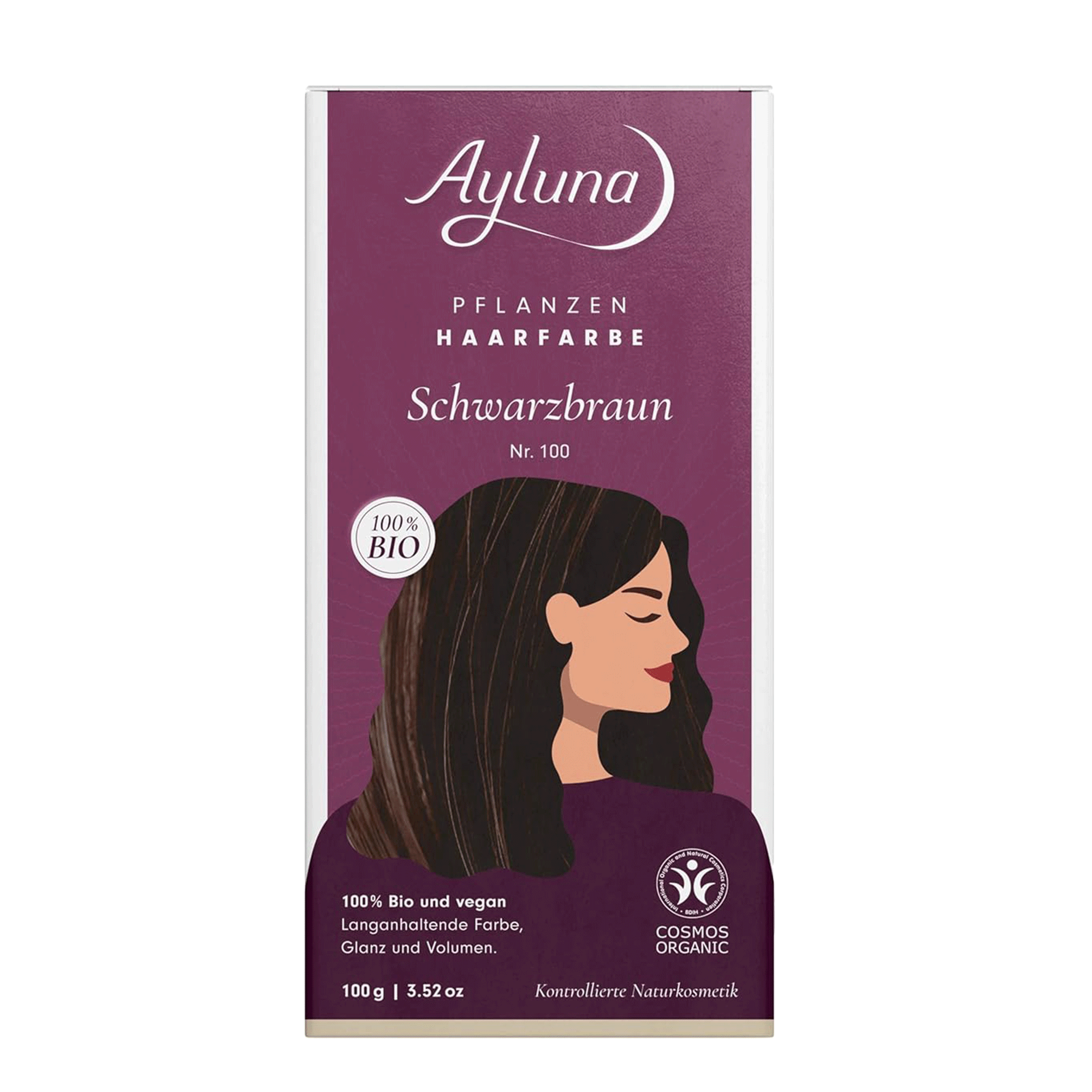 Vorderseite von Ayluna Pflanzenhaarfarbe 100 Schwarzbraun