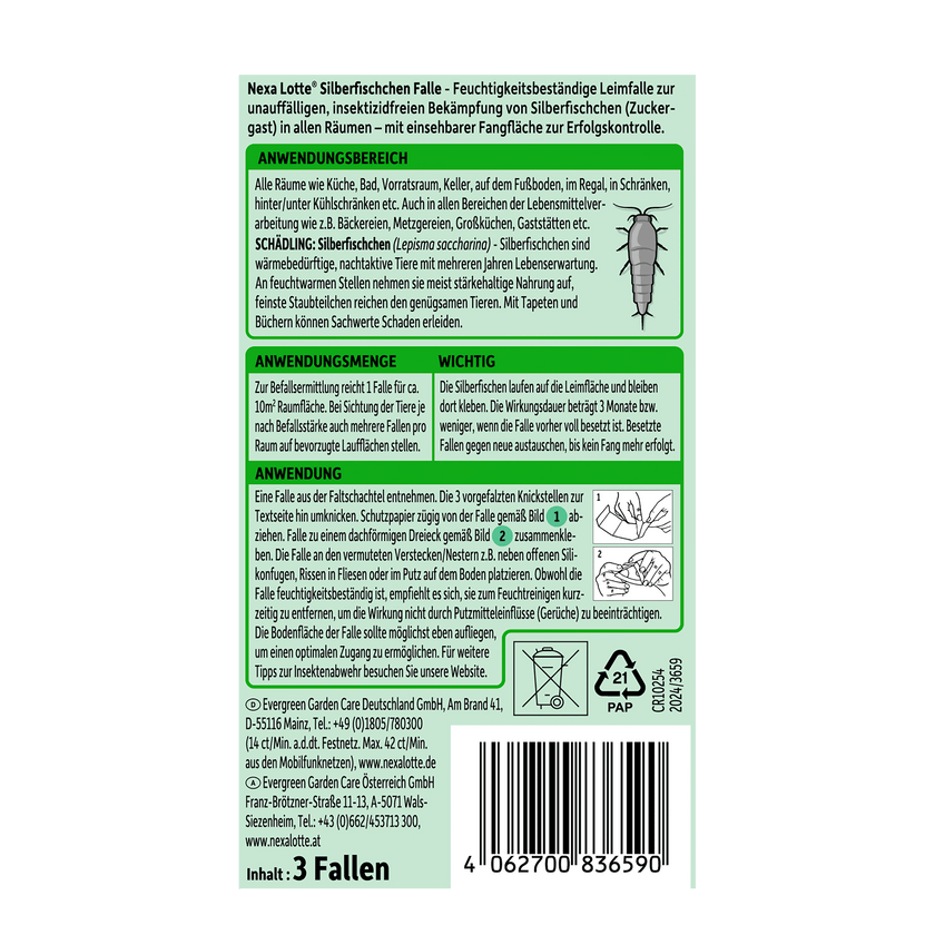 Etikett mit Beschreibung und Anwendungshinweisen, Rückseite von Nexa Lotte Silberfischchen-Falle - 3 Stück