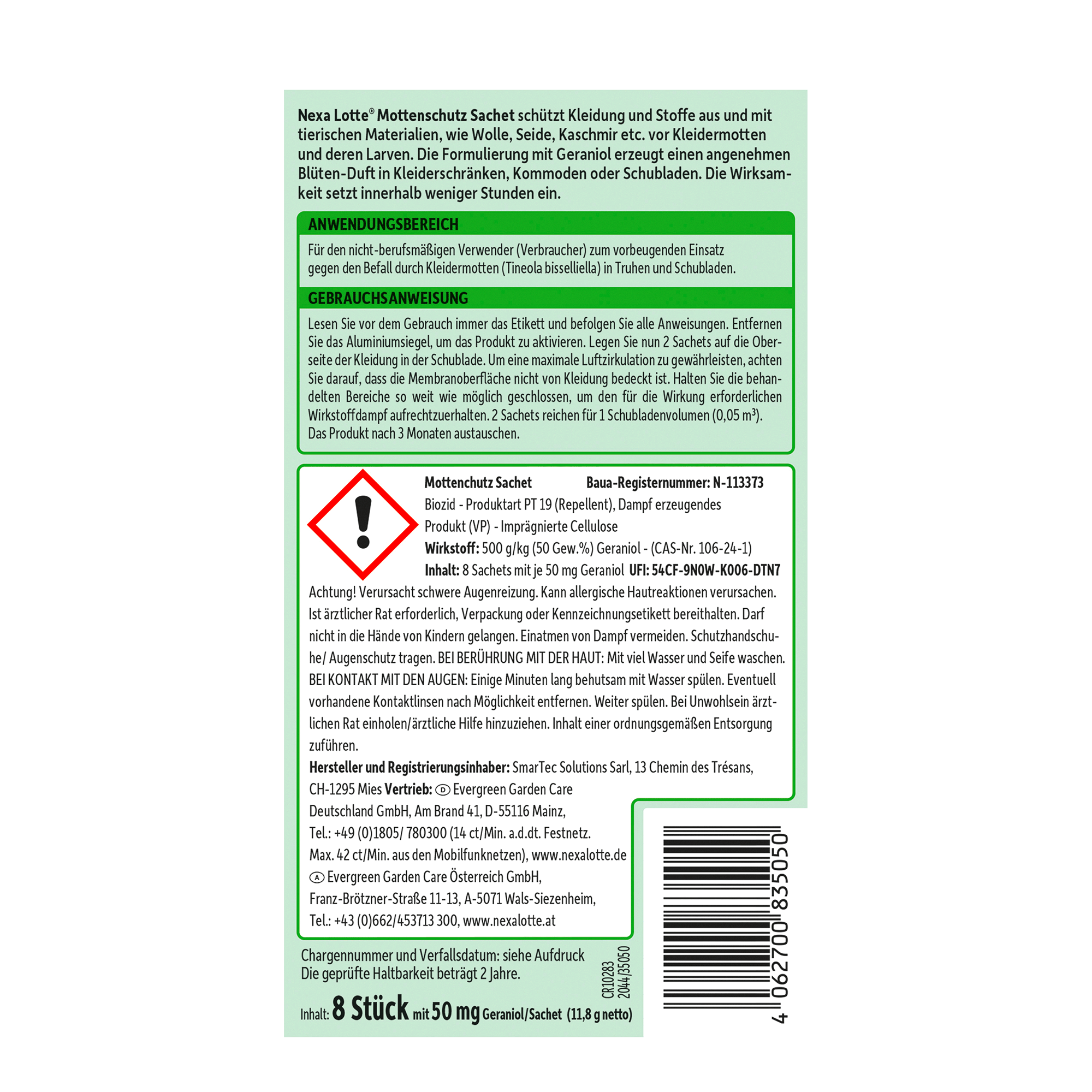 Rückseite der Verpackung von Nexa Lotte Motten Sachet - 8 Stück