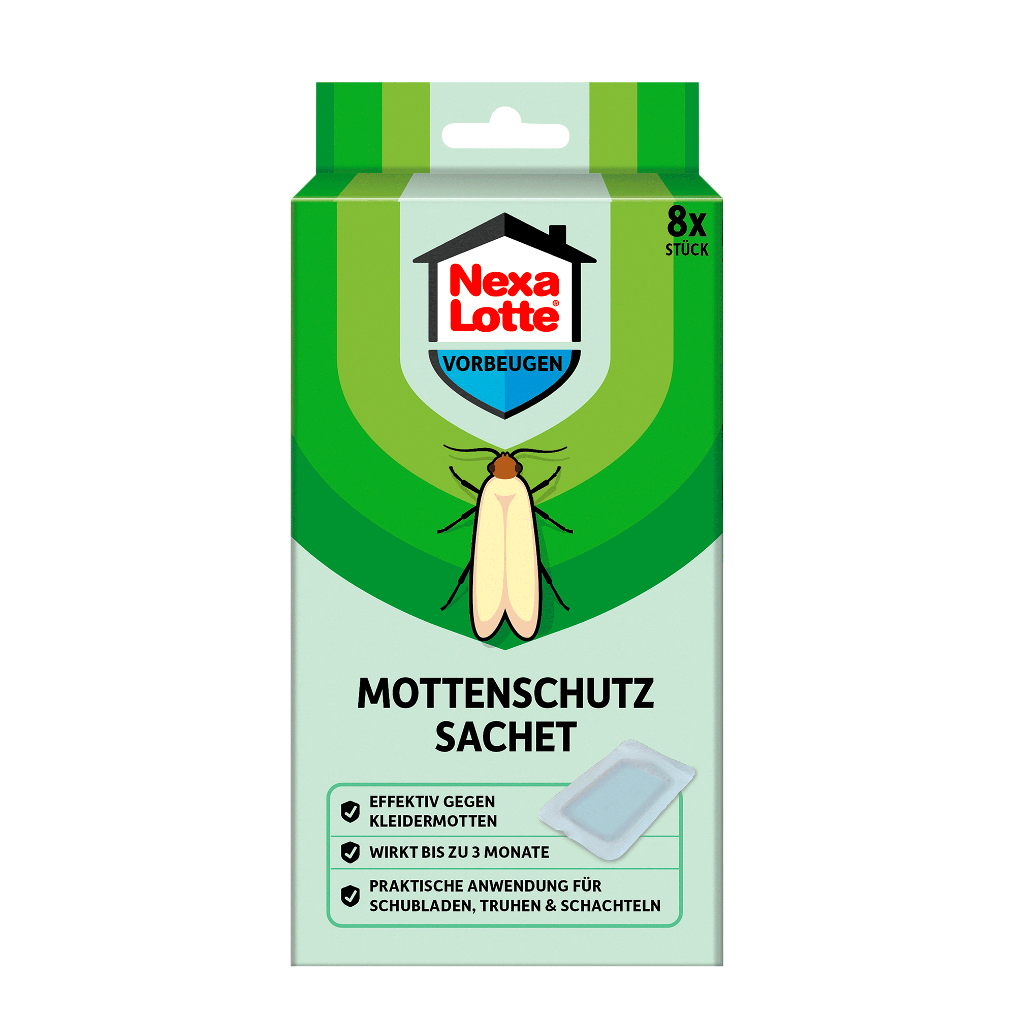 Vorderseite der Verpackung von Nexa Lotte Motten Sachet - 8 Stück