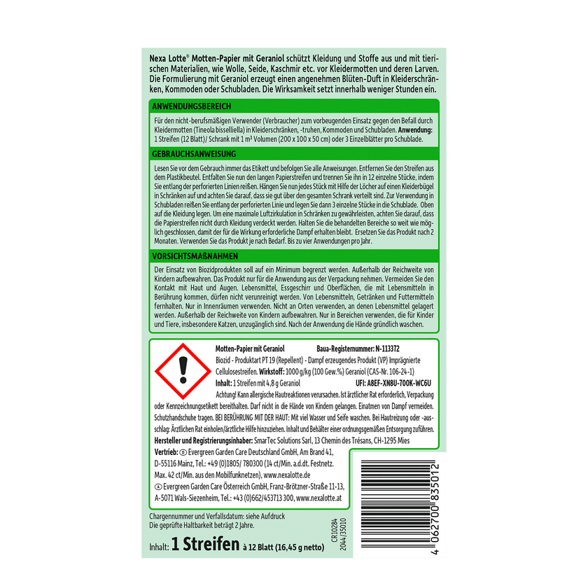 Etikett mit Beschreibung und Anwendungshinweisen, Rückseite von Nexa Lotte Motten-Papier mit Geraniol