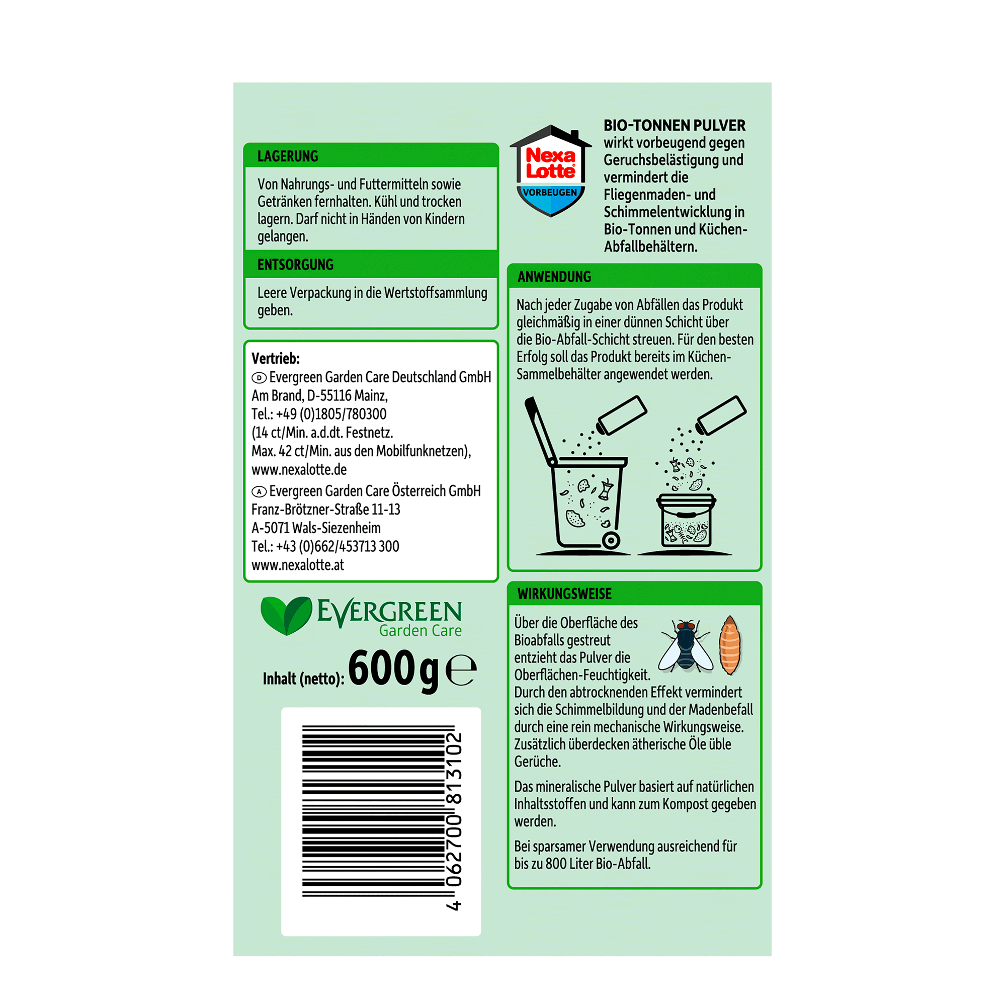 Etikett mit Produktbeschreibung und Anwendung, Rückseite der Verpackung von Nexa Lotte Bio-Tonnen Pulver