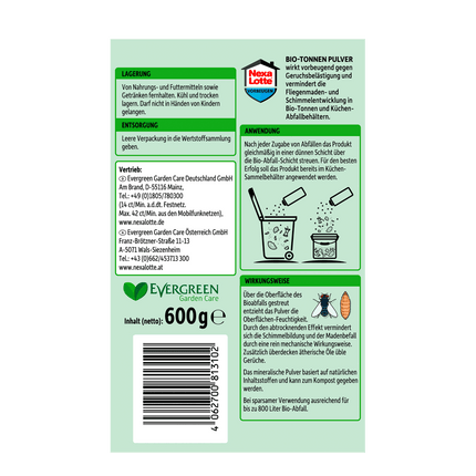 Etikett mit Produktbeschreibung und Anwendung, Rückseite der Verpackung von Nexa Lotte Bio-Tonnen Pulver