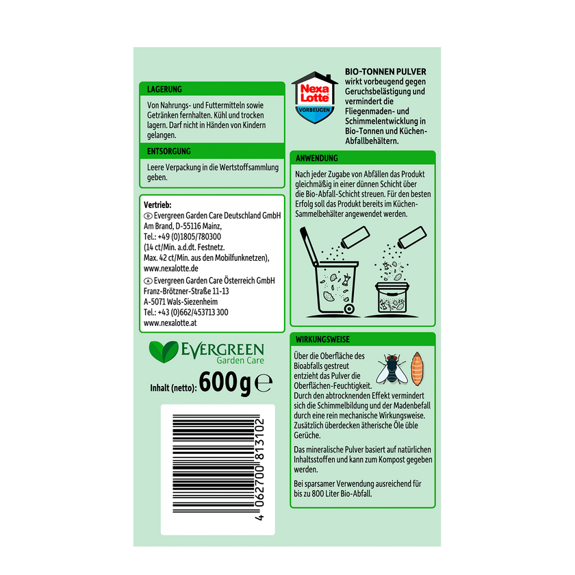 Etikett mit Produktbeschreibung und Anwendung, Rückseite der Verpackung von Nexa Lotte Bio-Tonnen Pulver