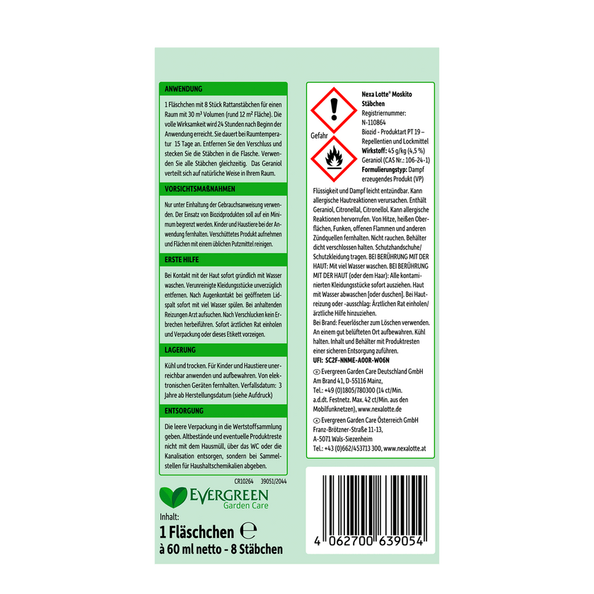 Rückseite von Nexa Lotte Moskito Stäbchen - 60ml, 8 Stäbchen