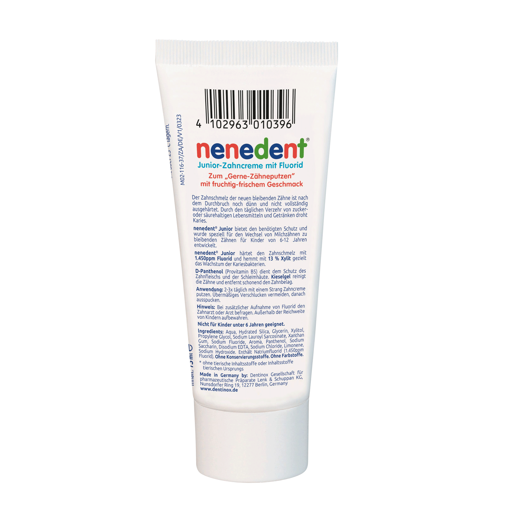 Rückseite der Tube von nenedent® Junior-Zahncreme - 75ml