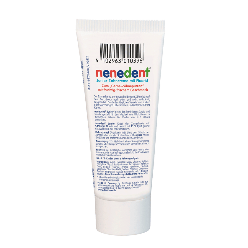 Rückseite der Tube von nenedent® Junior-Zahncreme - 75ml