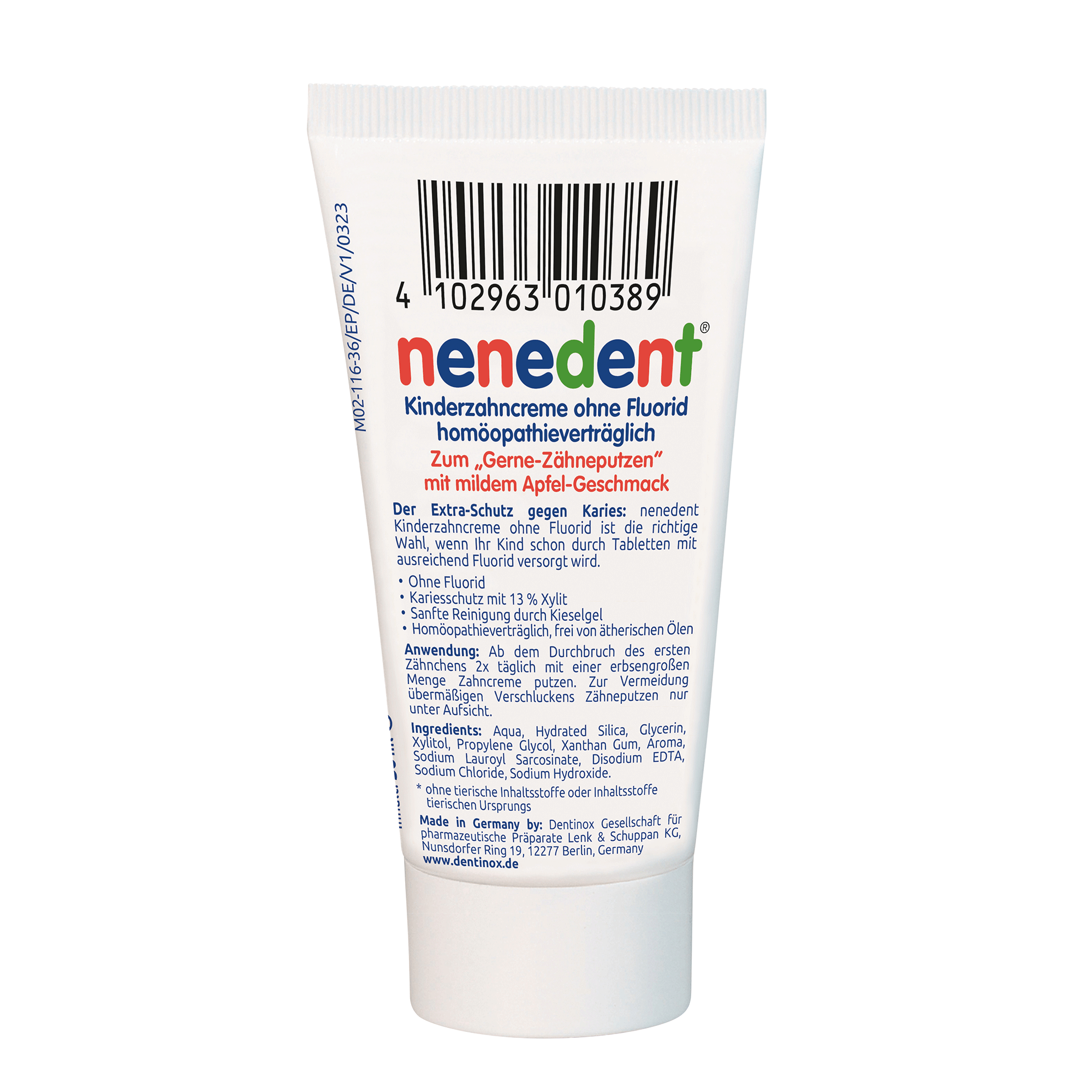Rückseite der Tube von nenedent® Kinderzahncreme ohne Fluorid