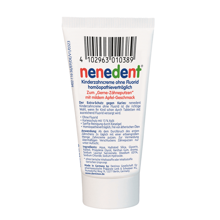 Rückseite der Tube von nenedent® Kinderzahncreme ohne Fluorid