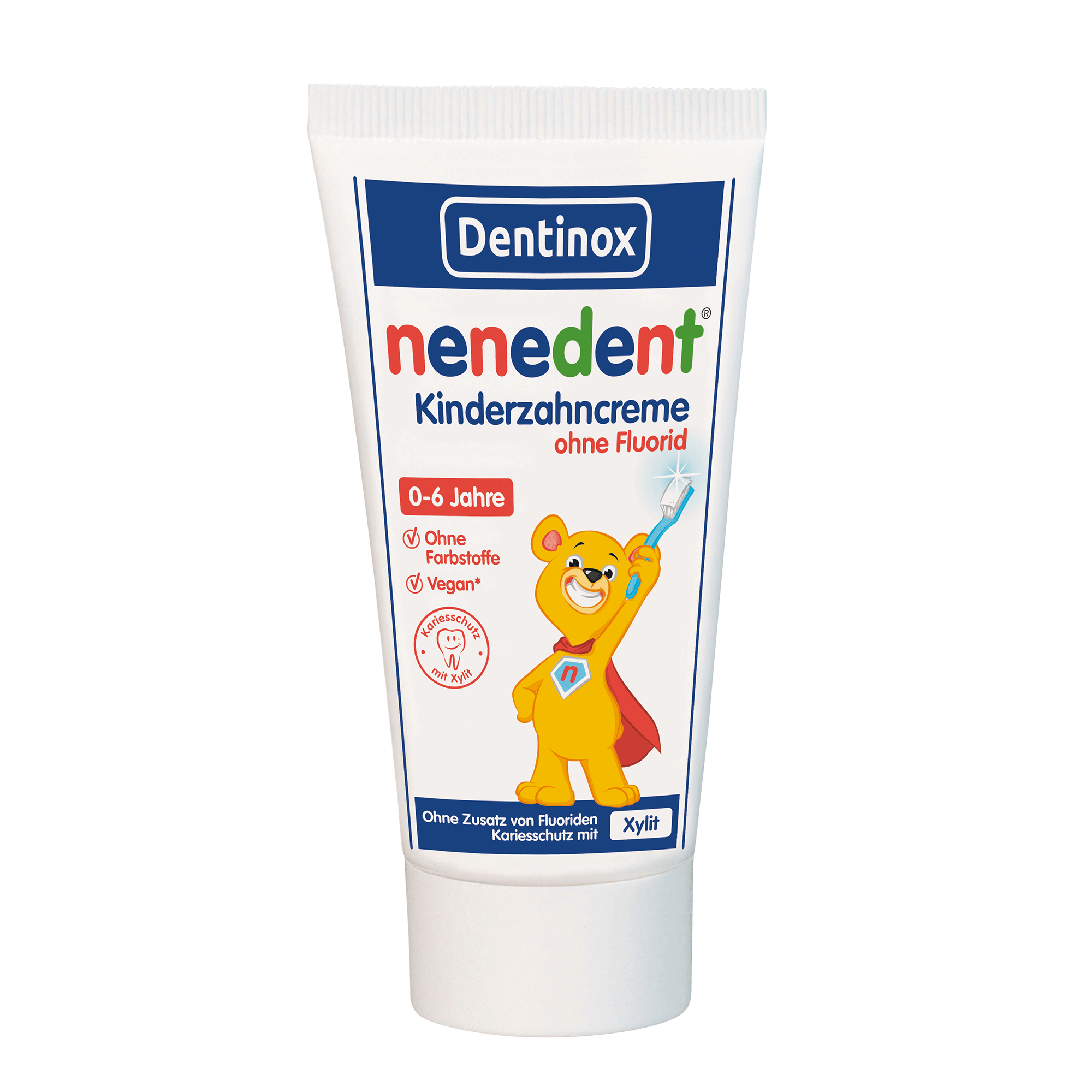 Vorderseite der Tube nenedent® Kinderzahncreme ohne Fluorid -