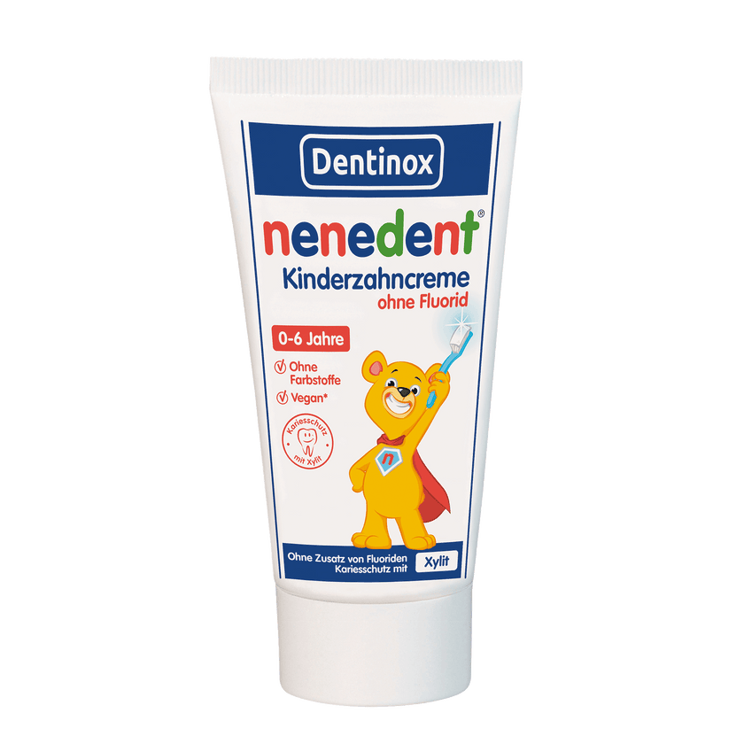 Vorderseite der Tube nenedent® Kinderzahncreme ohne Fluorid -