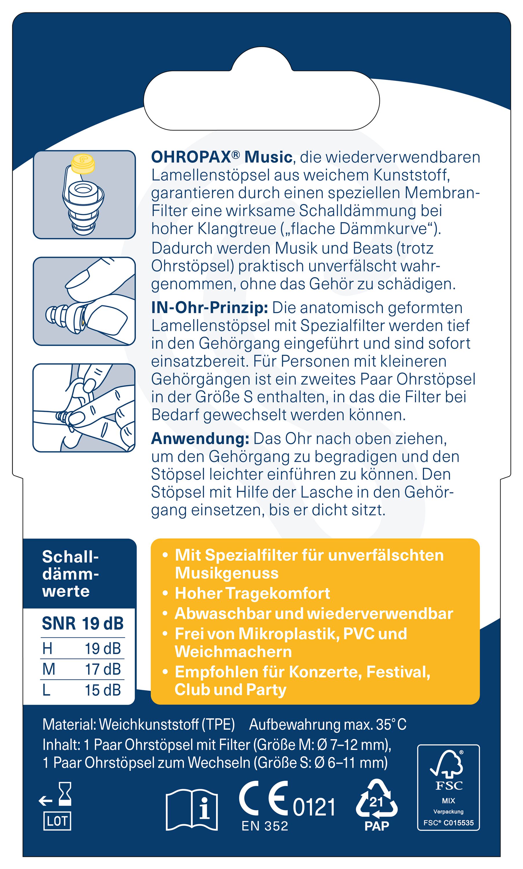 OHROPAX Music Ohrstöpsel – mit Spezialfilter 1 Paar Packung Rückseite