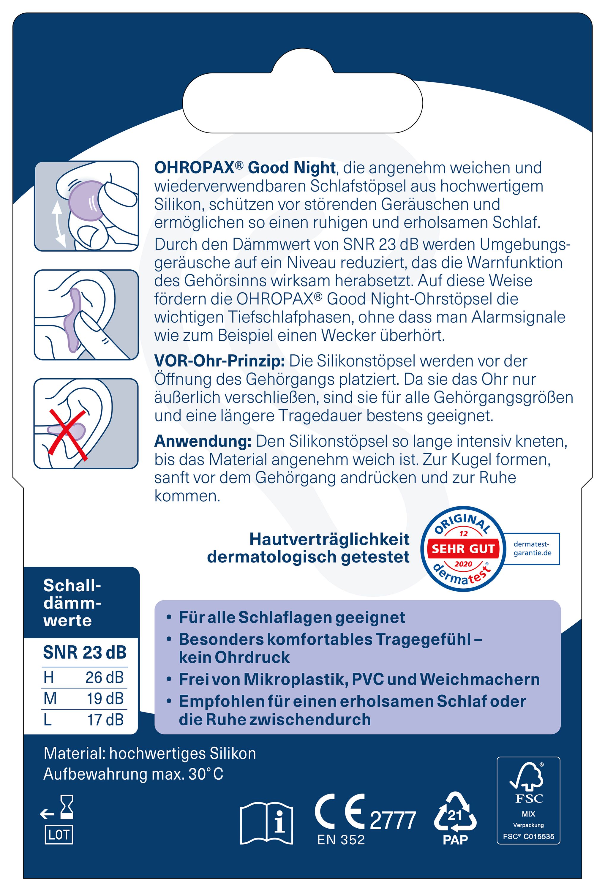 Rückseite der Verpackung von Ohropax Good Night Ohrstöpsel 8 Stück Packung Rückseite