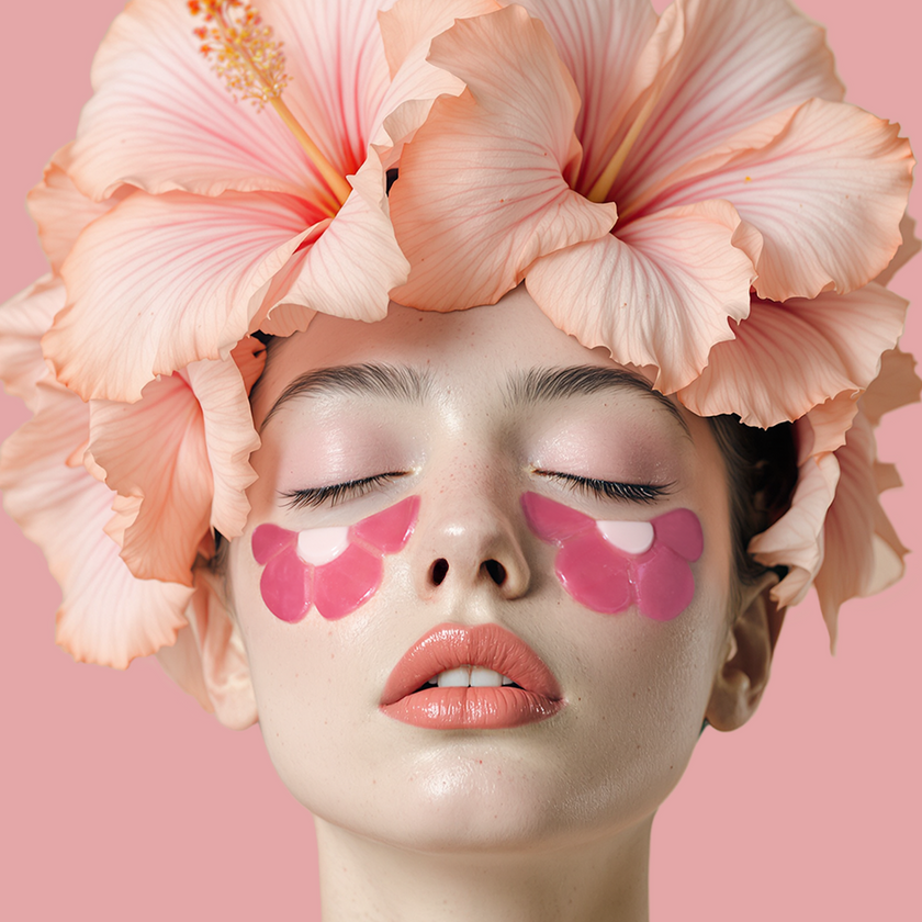 Frau mit YEAUTY Hypnotic Hibiscus Flower und Blumen auf dem Kopf