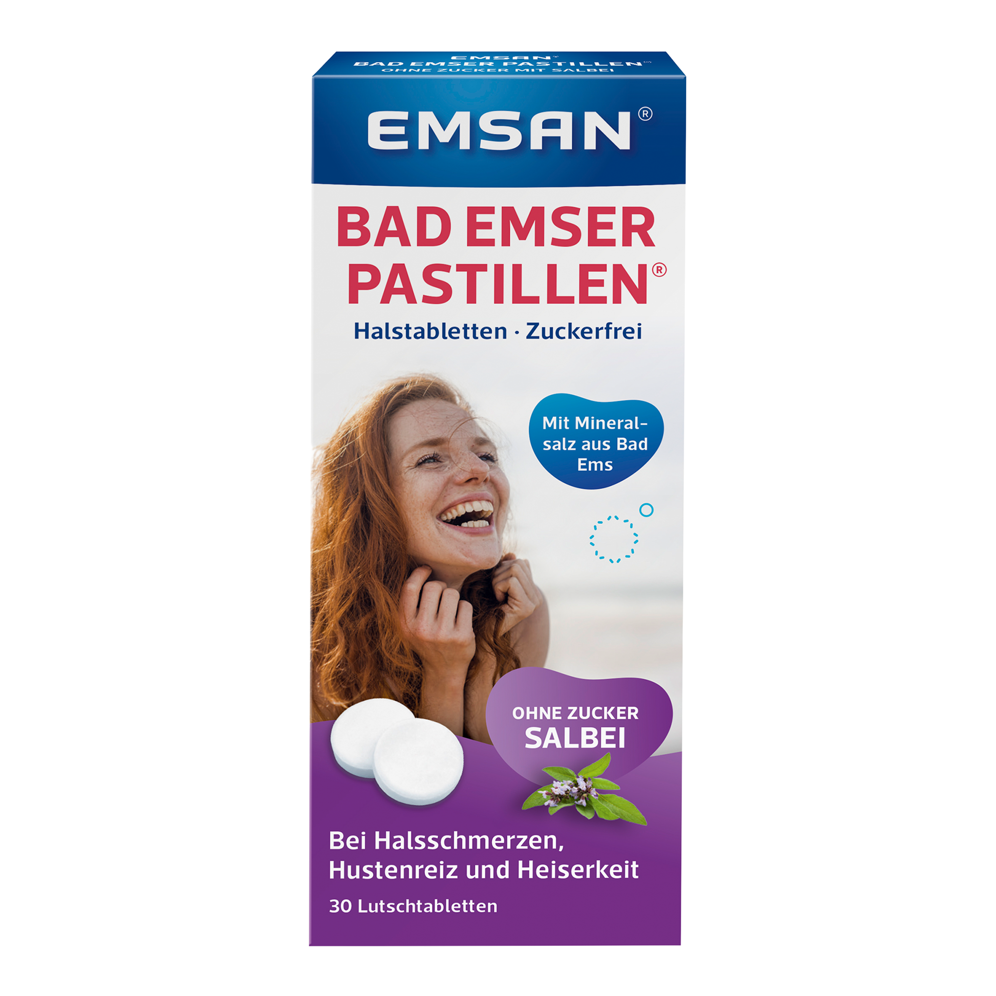 Vorderseite von EMSAN Bad Emser Pastillen ohne Zucker mit Salbei