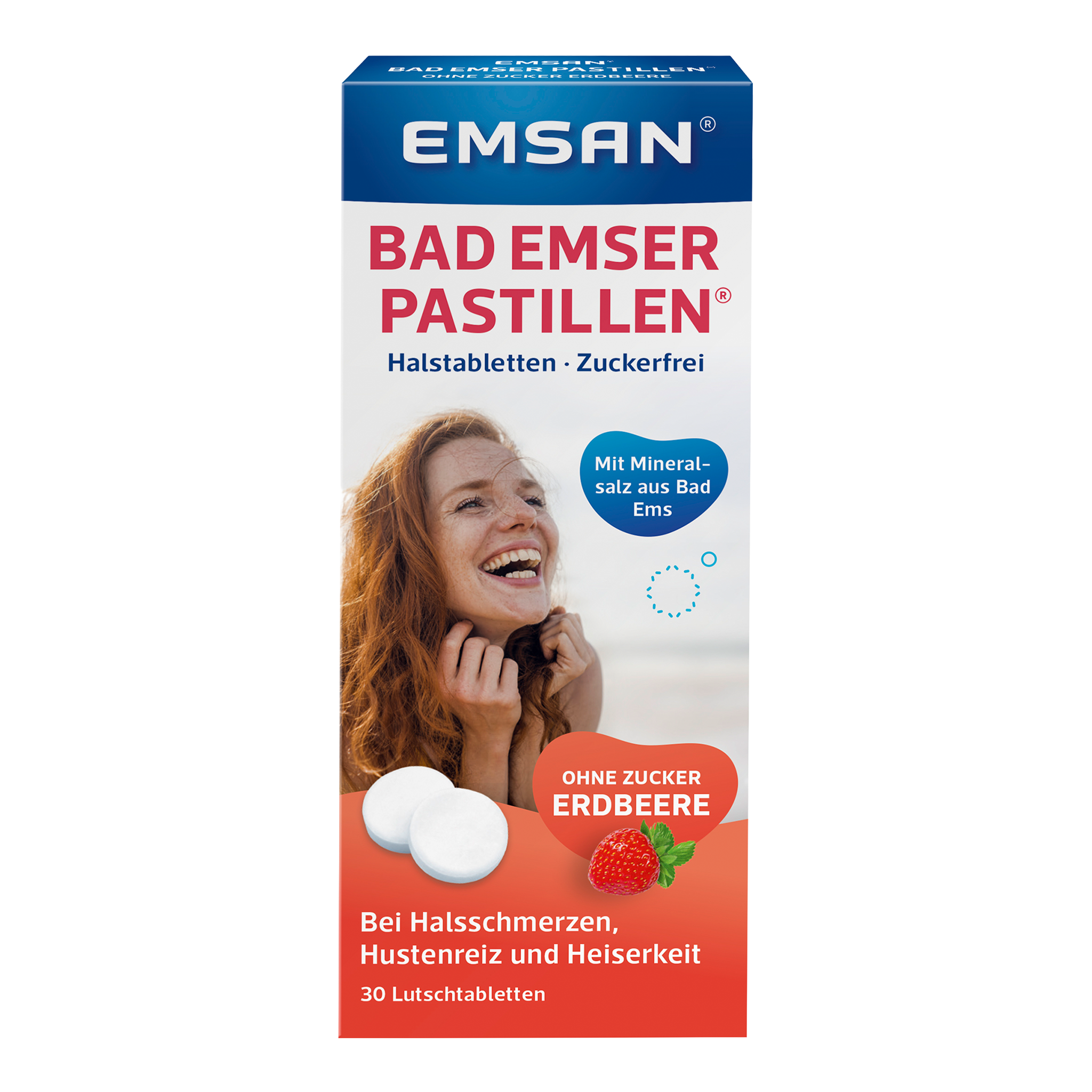 Vorderseite von EMSAN Bad Emser Pastillen ohne Zucker Erbeere