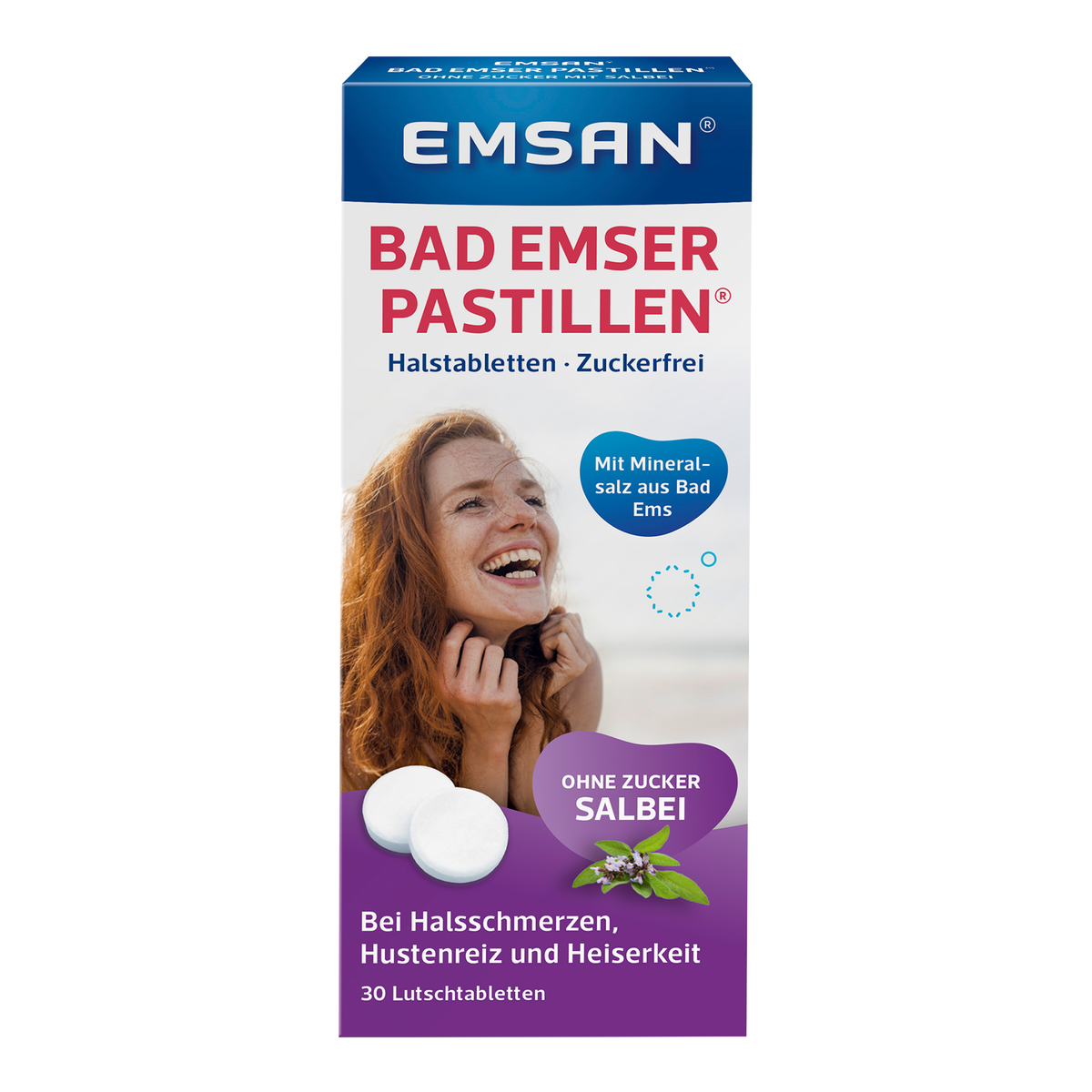 Vorderseite von EMSAN Bad Emser Pastillen ohne Zucker mit Salbei