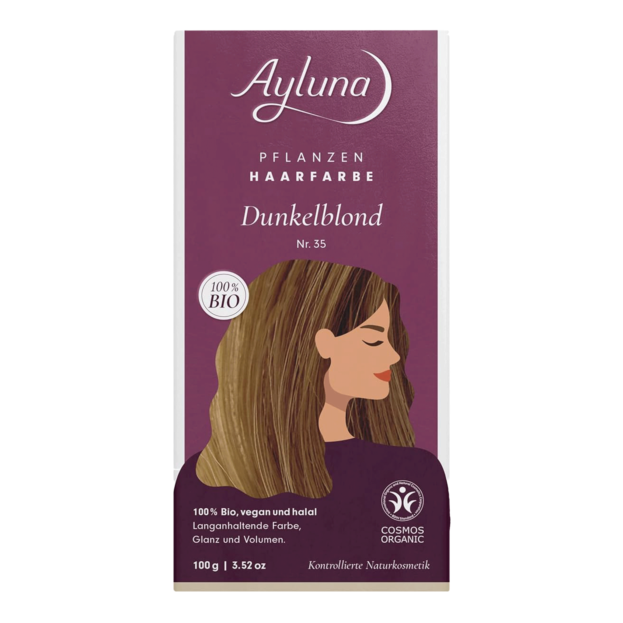 Vorderseite von Ayluna Pflanzenhaarfarbe 35 Dunkelblond