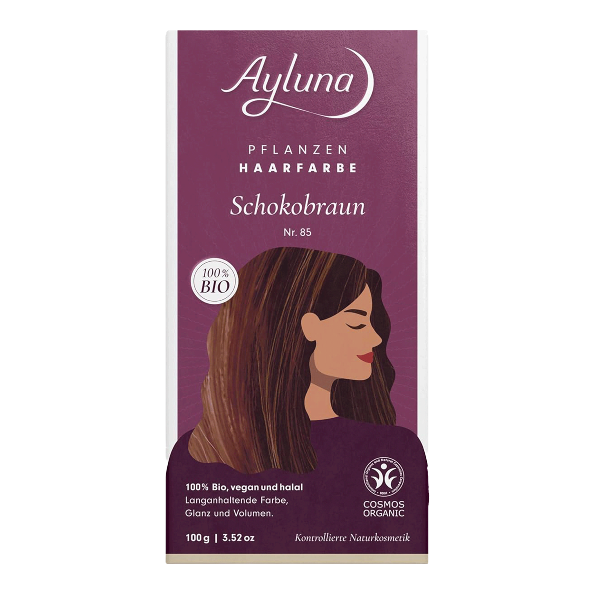 Vorderseite von Ayluna Pflanzenhaarfarbe 85 Schokobraun