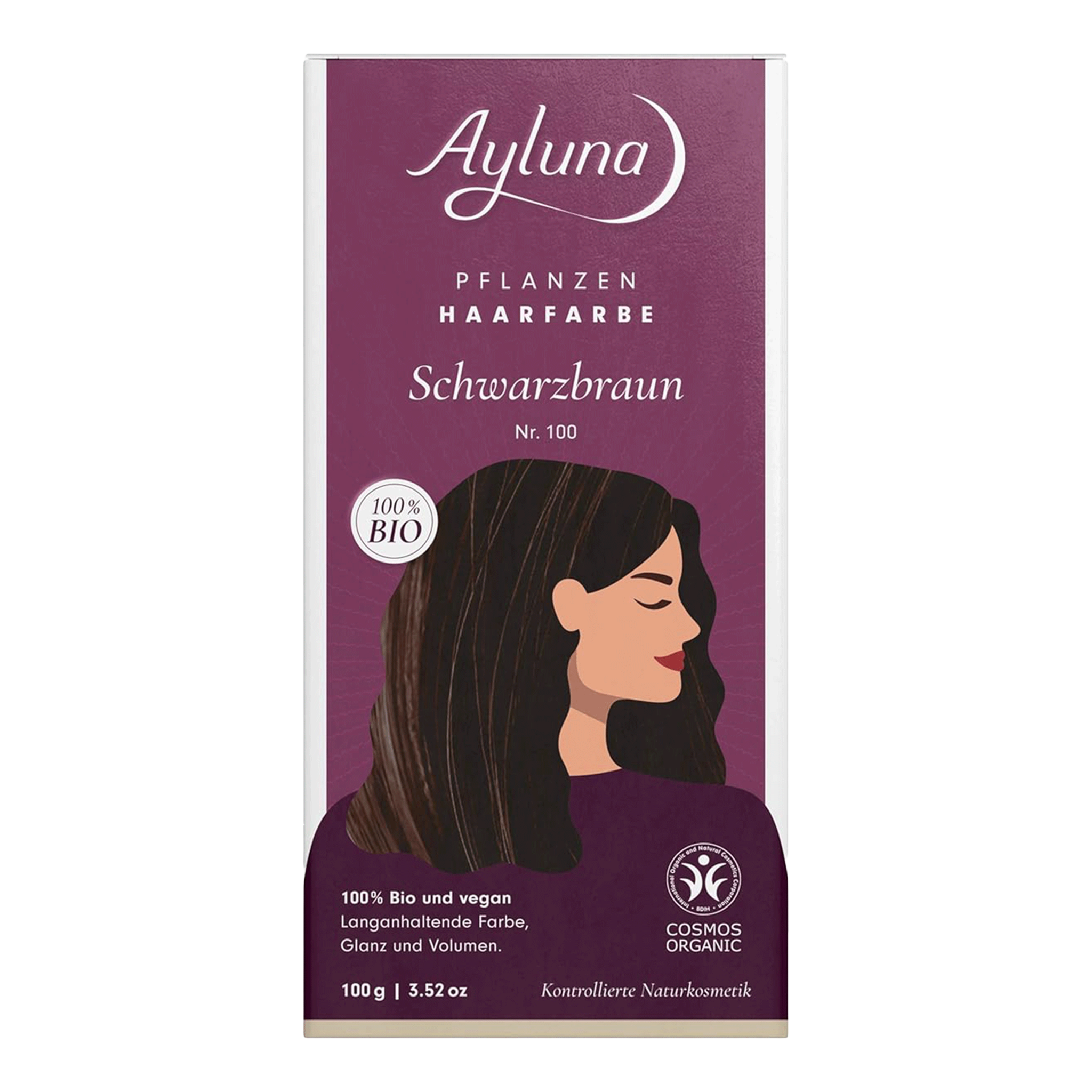 Vorderseite von Ayluna Pflanzenhaarfarbe 100 Schwarzbraun