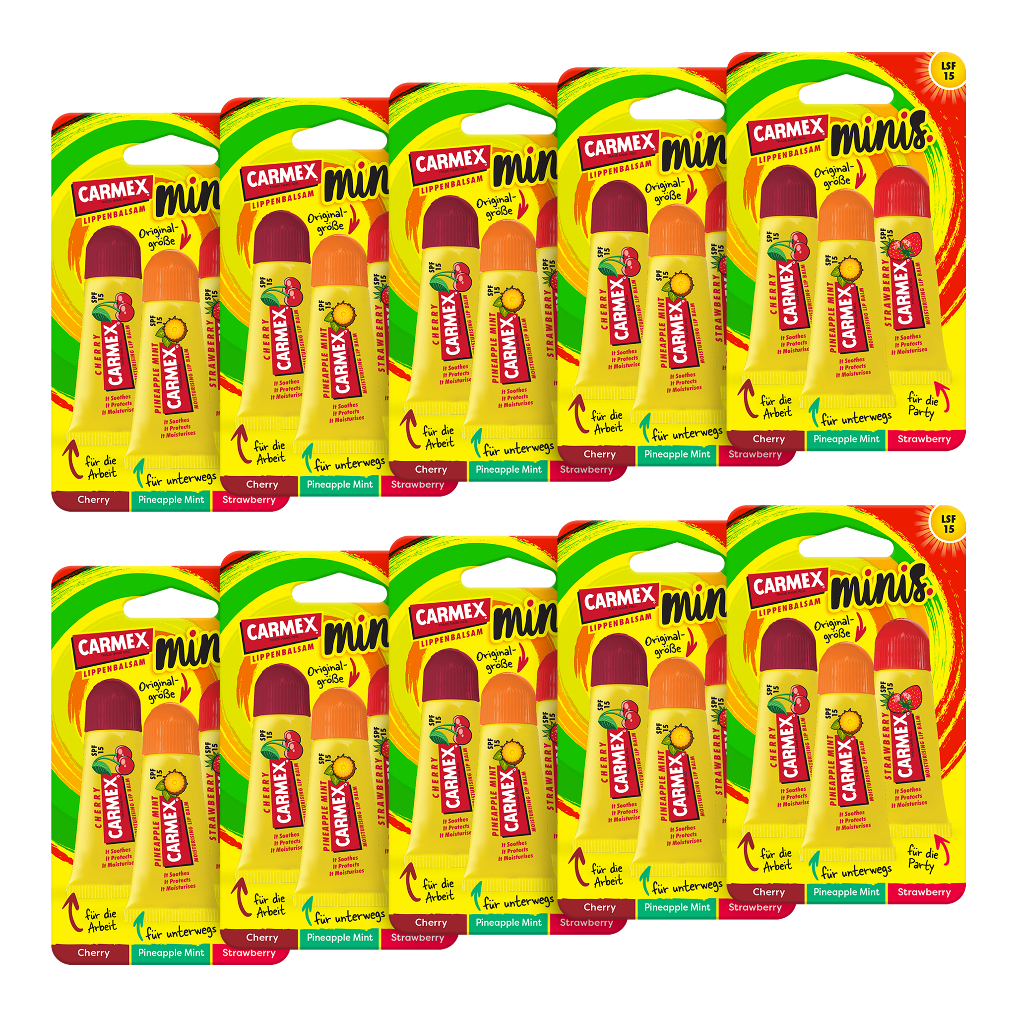 Vorderseite von Carmex Minis Strawberry/Pineapple Mint/Cherry - 10 x 15g