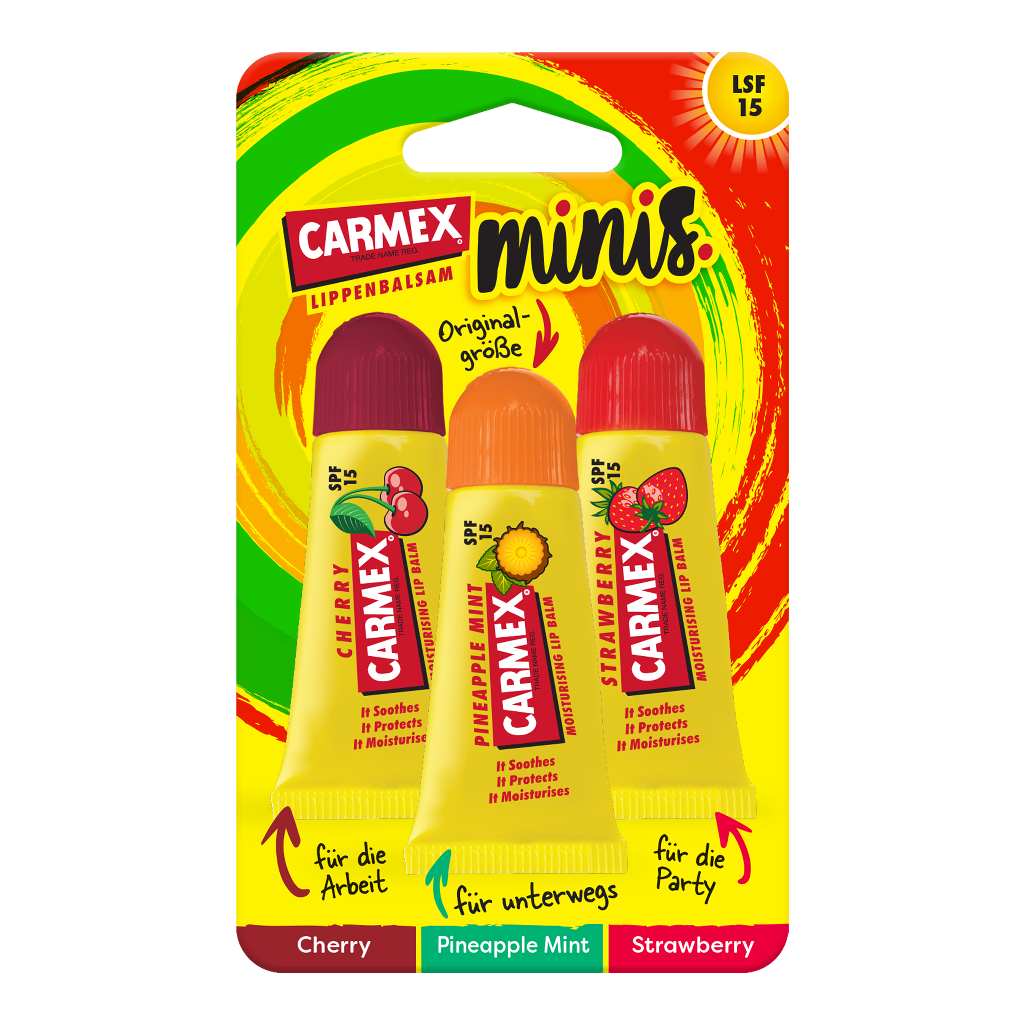 Vorderseite von Carmex Minis Strawberry/Pineapple Mint/Cherry