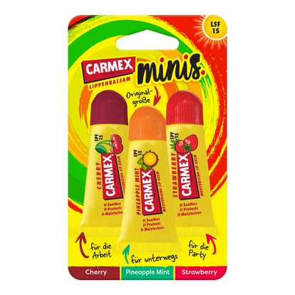 Vorderseite von Carmex Minis Strawberry/Pineapple Mint/Cherry