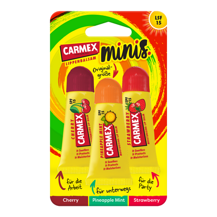 Vorderseite von Carmex Minis Strawberry/Pineapple Mint/Cherry