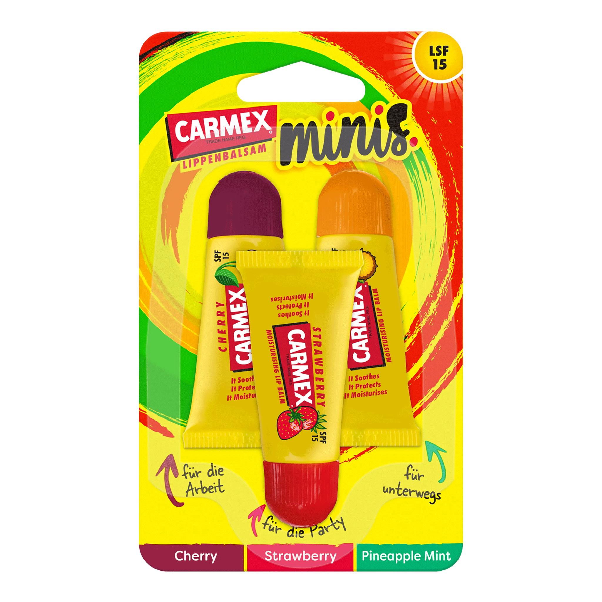 Vorderseite von Carmex Minis Strawberry/Pineapple Mint/Cherry