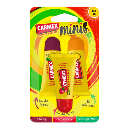 Vorderseite von Carmex Minis Strawberry/Pineapple Mint/Cherry