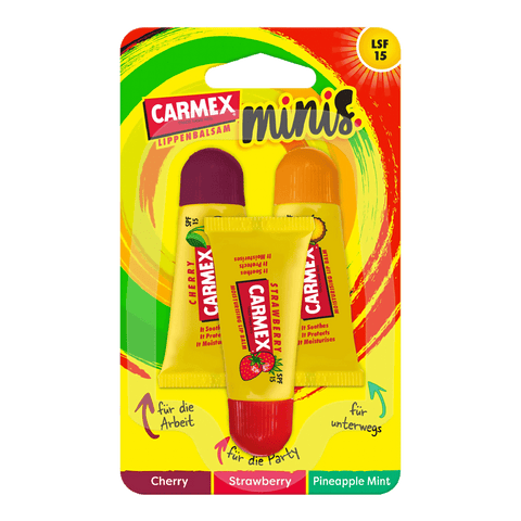Vorderseite von Carmex Minis Strawberry/Pineapple Mint/Cherry