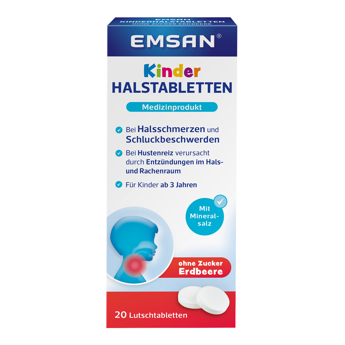 EMSAN® Kinderhalstabletten ohne Zucker Erdbeere-11x20