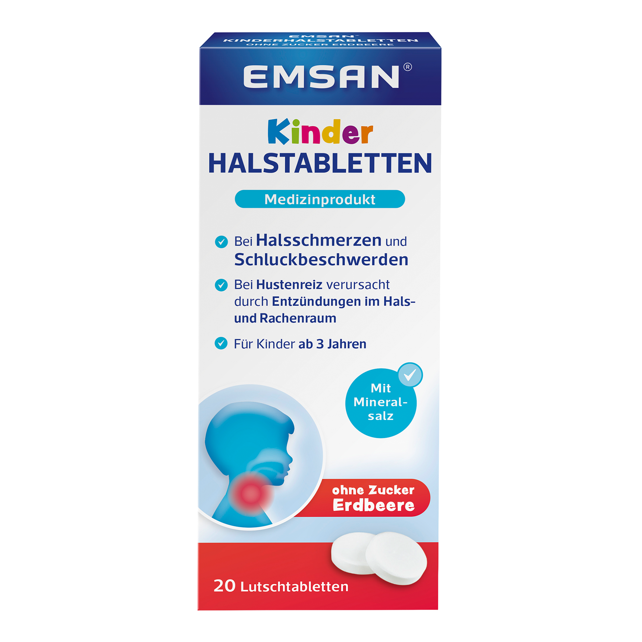 Vorderseite von EMSAN Kinderhalstabletten ohne Zucker Erdbeere