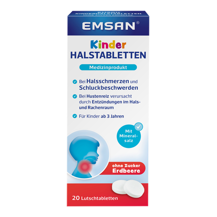 Vorderseite von EMSAN Kinderhalstabletten ohne Zucker Erdbeere