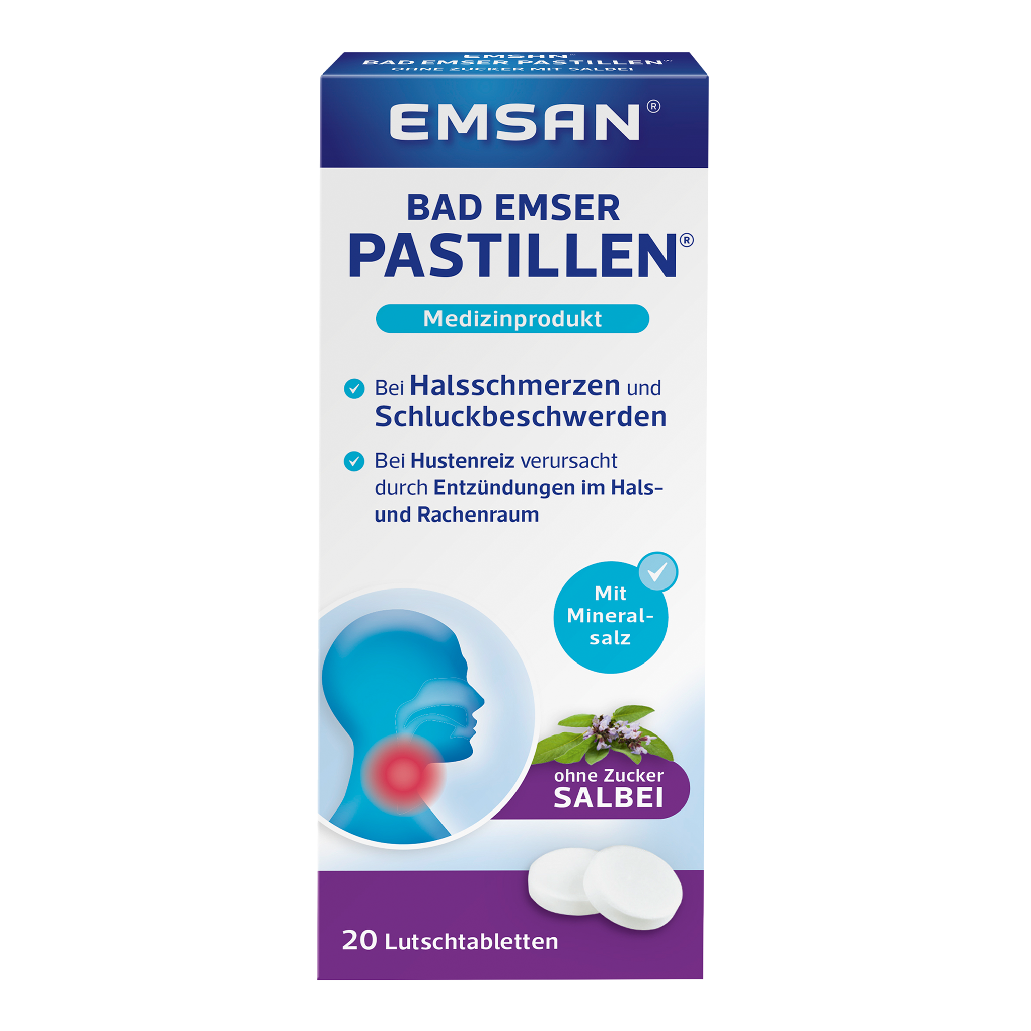 Vorderseite von EMSAN Bad Emser Pastillen ohne Zucker mit Salbei