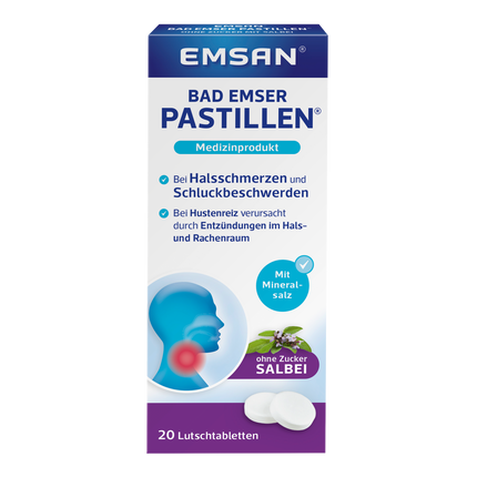 Vorderseite von EMSAN Bad Emser Pastillen ohne Zucker mit Salbei