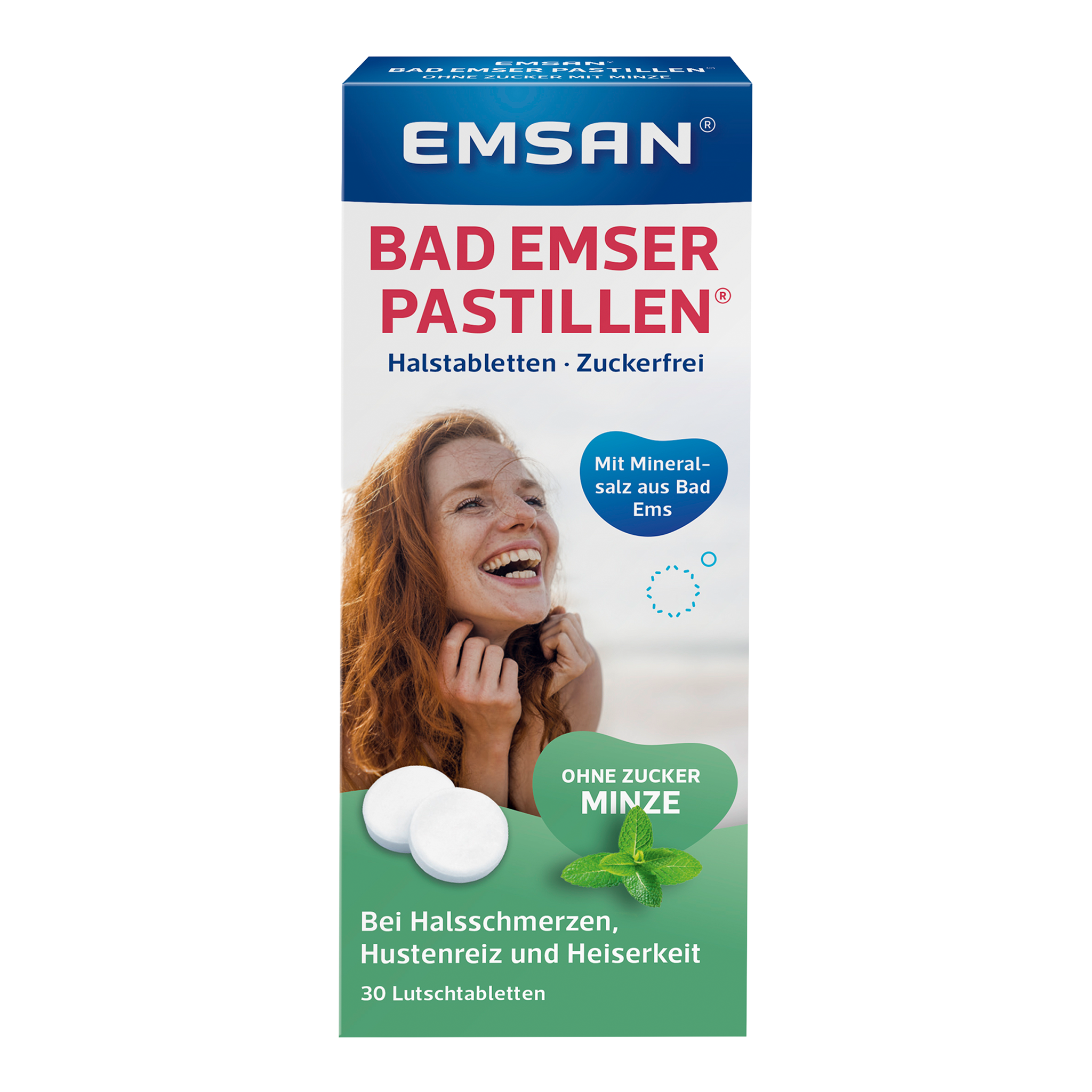Vorderseite von EMSAN Bad Emser Pastillen ohne Zucker Minze