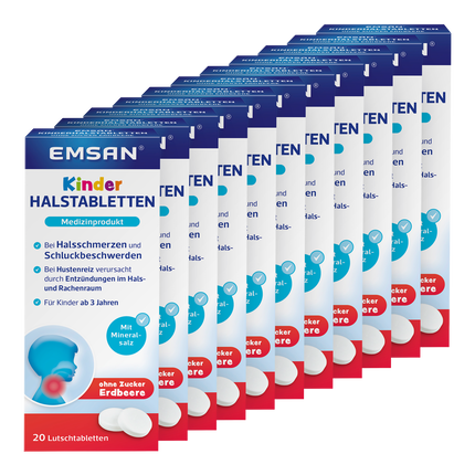 Vorderseite von EMSAN Kinderhalstabletten ohne Zucker Erdbeere