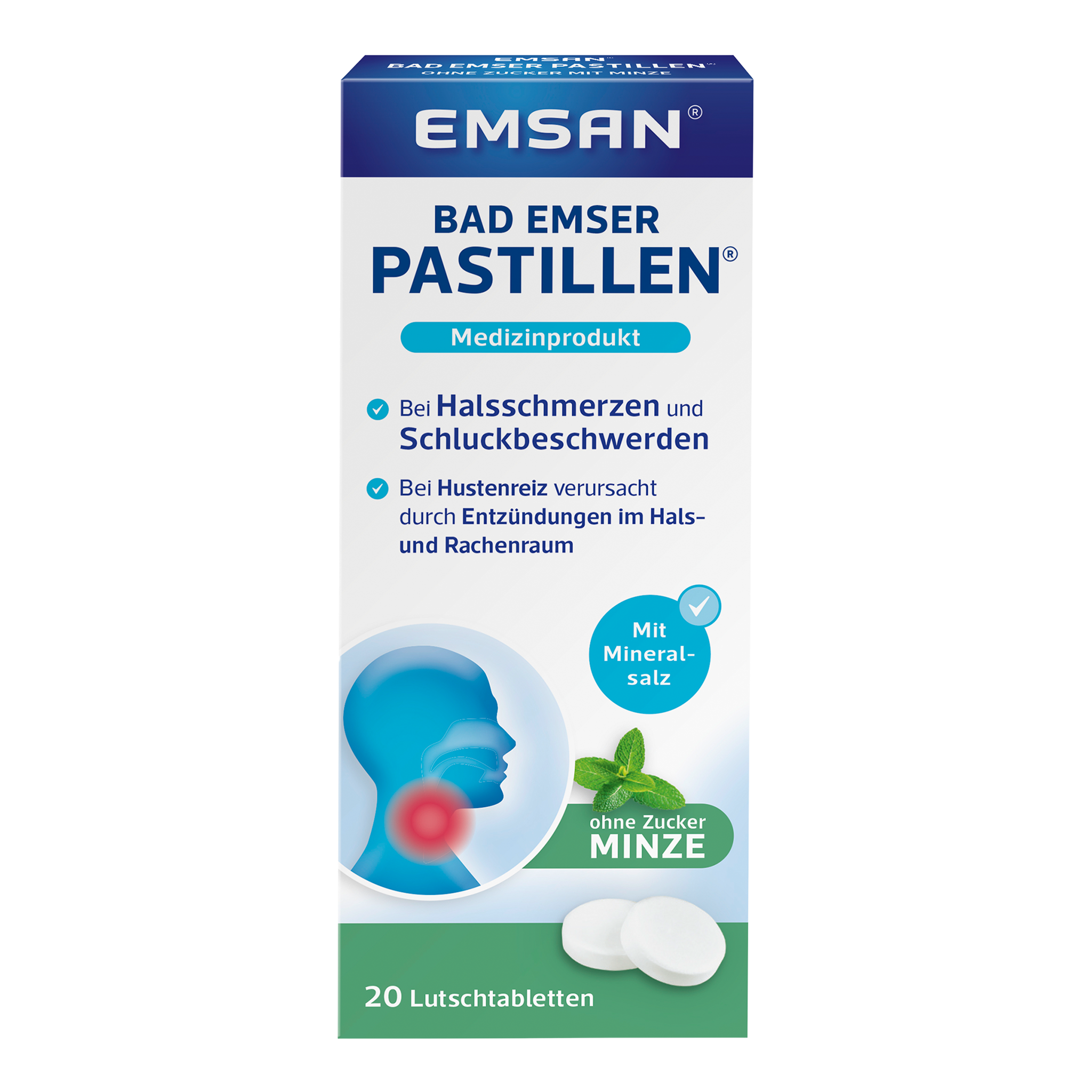 Vorderseite von EMSAN Bad Emser Pastillen ohne Zucker Minze