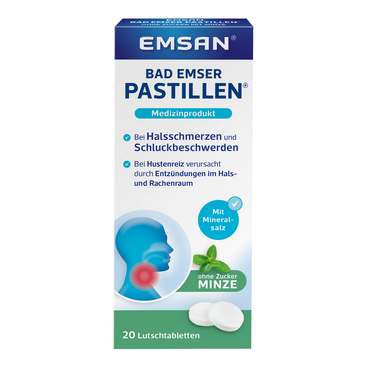 Vorderseite von EMSAN Bad Emser Pastillen ohne Zucker Minze