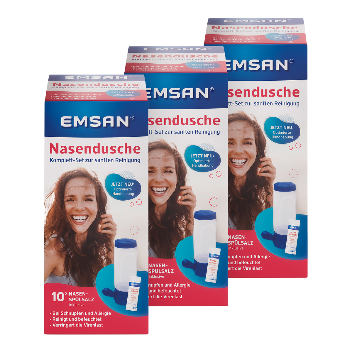 Vorderseite von EMSAN Nasendusche Komplett-Set und Salz 10 Beutel