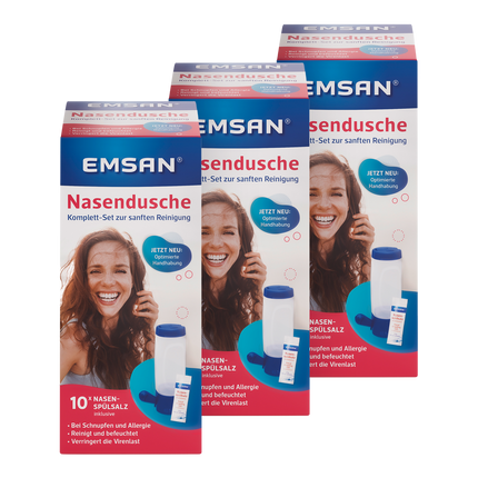 Vorderseite von EMSAN Nasendusche Komplett-Set und Salz 10 Beutel
