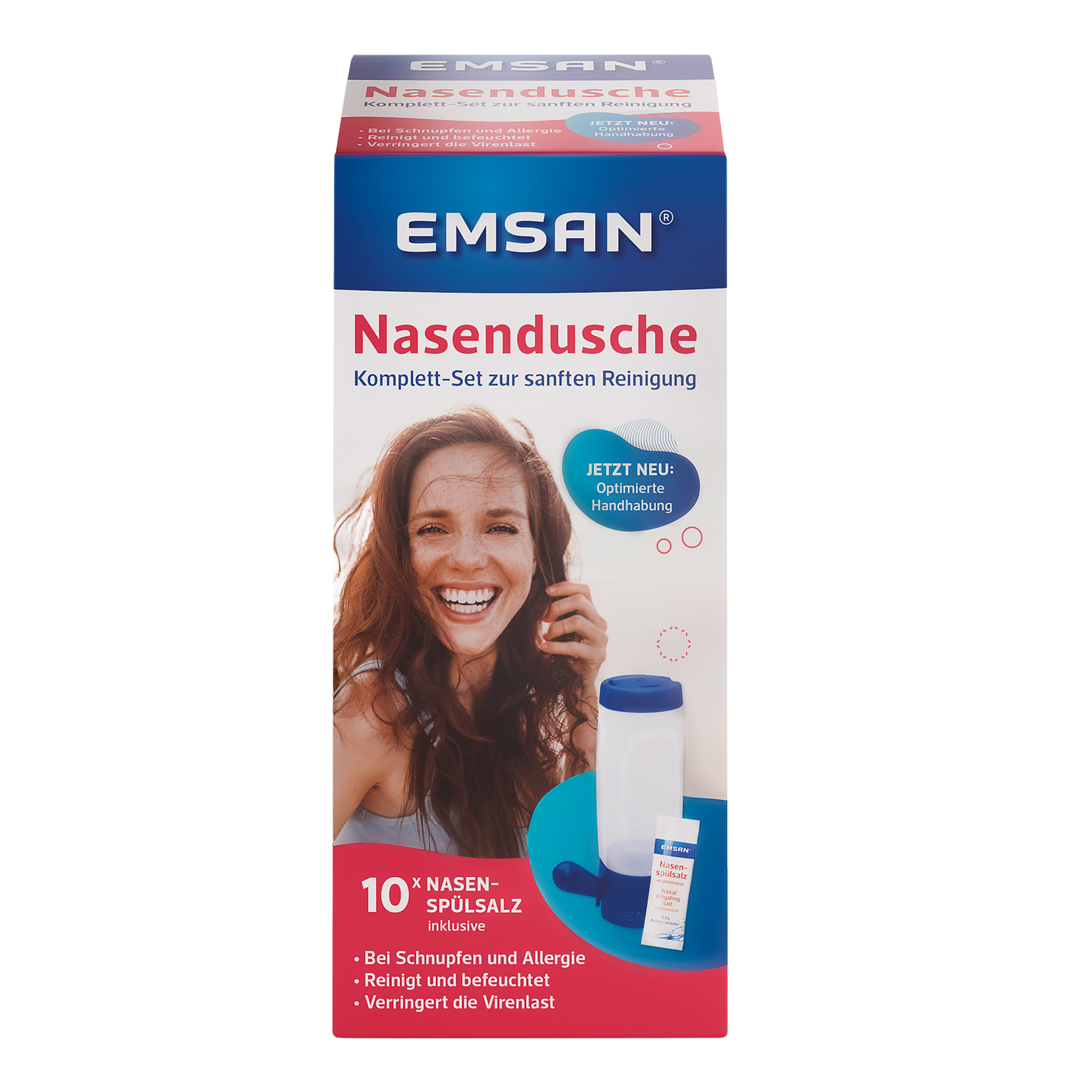 Vorderseite von EMSAN Nasendusche Komplett-Set und Salz 10 Beutel